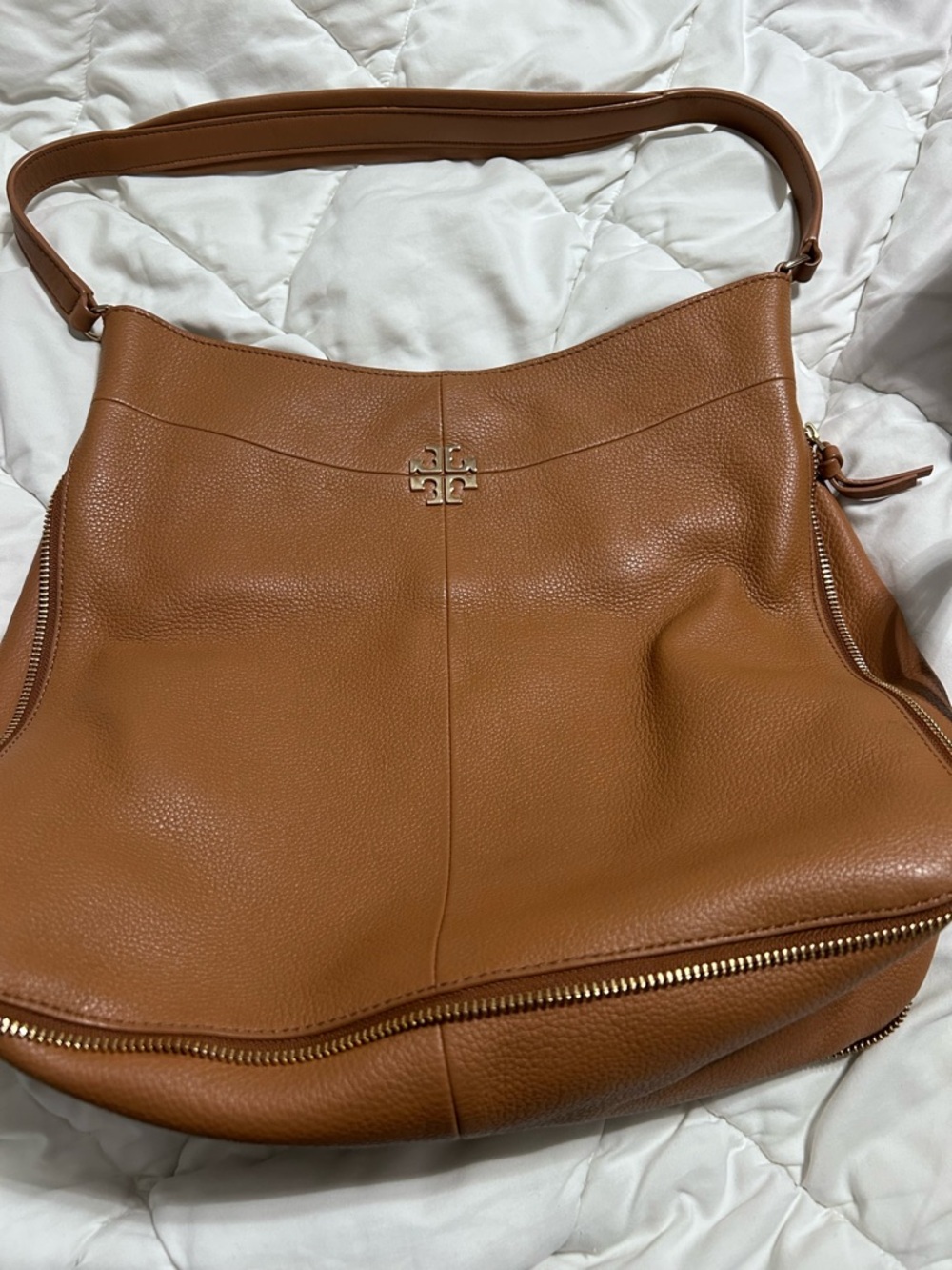 Tory Burch Caramel Brown Pebbled Leather Hobo with Gold Logo